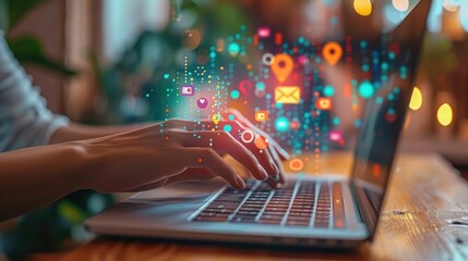 Hand is shown operating a sleek, modern laptop, scrolling through an array of social networks, embodying the concept of home-based social media management. This advanced tech community