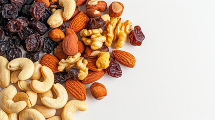 dried nuts and mixed dry fruit on white background - obrazy, fototapety, plakaty
