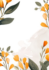 Orange and white watercolor hand painted background template for Invitation with flora and flower