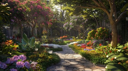 A hidden garden filled with colorful flowers and swaying trees providing a haven of peace from the concrete chaos of the surrounding city. - obrazy, fototapety, plakaty