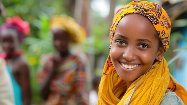 A woman with a yellow scarf is smiling. She is surrounded by other people, but the focus is on her
