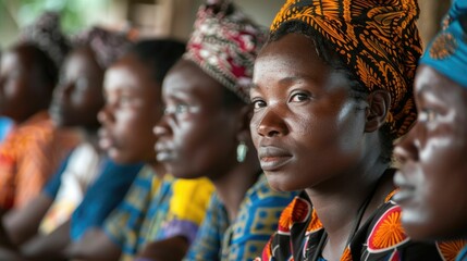 A group of african women wearing colorful clothing and head scarves. The women are sitting together and looking at the camera