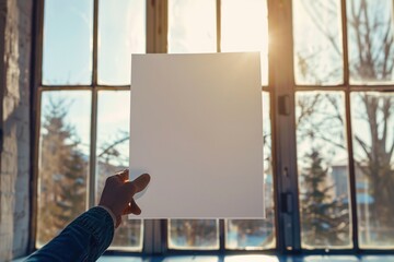 A person holding up an A4 size white paper mockup against a bright - obrazy, fototapety, plakaty