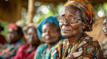 Senior african woman wearing glasses and a colorful scarf sits with other women. Concept of community and togetherness - obrazy, fototapety, plakaty