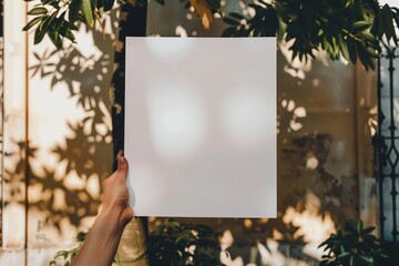 A person holding up an A4 size white paper mockup against a bright - obrazy, fototapety, plakaty