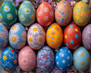 Fototapeta na wymiar A Collection of Colorful Painted Easter Eggs with Floral Patterns in Spring Bloom