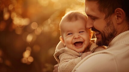 A tender father's embrace enfolds his giggling baby, capturing the essence of family bliss