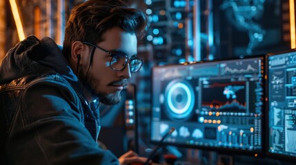 Cybersecurity expert is deeply engaged in malware analysis in a high-tech workspace. Equipped with advanced technology and tools, the expert carefully examines data on multiple screens to ensure