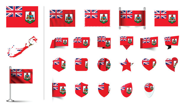 set of Bermuda flag, flat Icon set vector illustration. collection of national symbols on various objects and state signs. flag button, waving, 3d rendering symbols