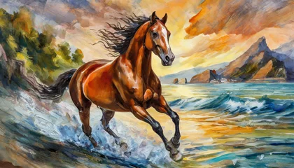 Foto op Plexiglas Chestnut horse galloping on shore, fragment of painting © Uuganbayar