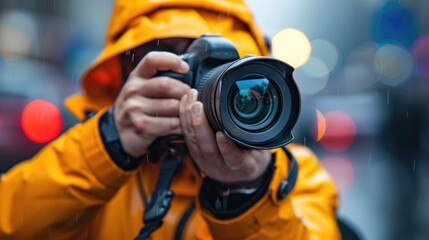 Man is taking a picture with camera. The image has a moody and mysterious feel to it, with the man's face partially obscured by the camera lens. The lighting is dim and the colors are muted