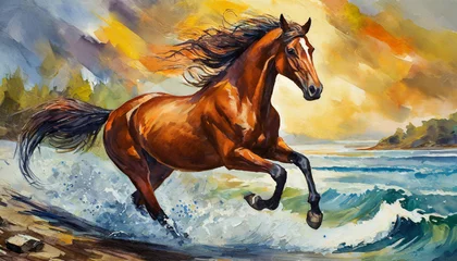 Gordijnen Chestnut horse galloping on shore, fragment of painting © Uuganbayar