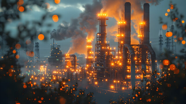 Futuristic Oil Refinery Facility Displaying Real-Time Carbon Emissions Data on a Glowing Digital Dashboard