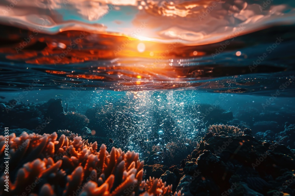 Poster A beautiful underwater scene with a sun shining on the water