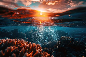A beautiful underwater scene with a sun shining on the water