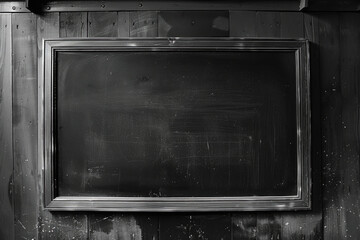A black and white photo of a chalkboard with no writing on it
