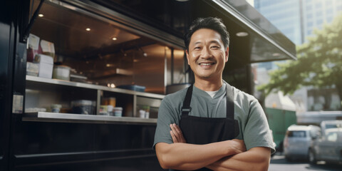 A man stands in front of a food truck with a big smile on his face