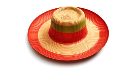 Fototapeta na wymiar A red, yellow and green straw hat with a green stripe