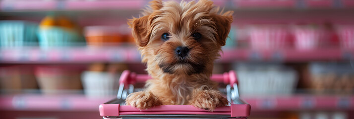 A little cute puppy dog in a shopping cart ,
Cute flurry puppy being groomed by dog hairdresser pet care concept