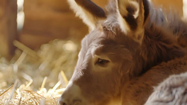 Baby donkey nursing on farm. 4k video animation