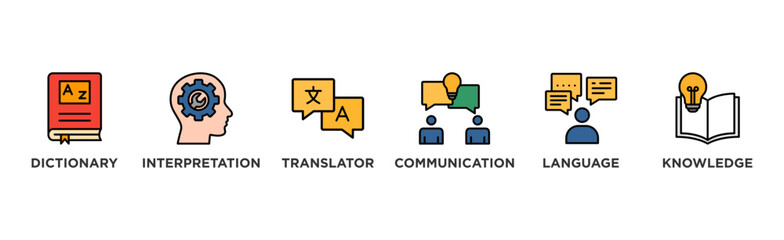 Translation banner web icon illustration concept with icon of dictionary, interpretation, translator, communication, language, and knowledge