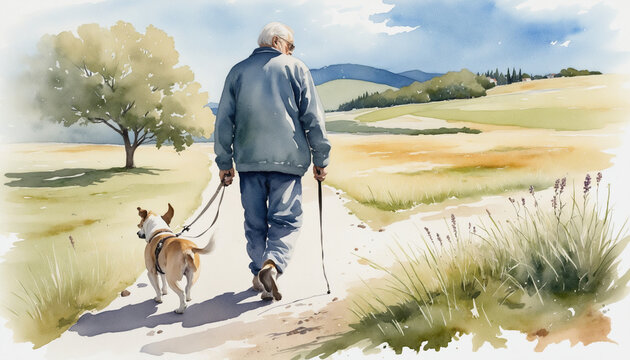 Watercolor illustration of an old man walking his dog backward   colorful background