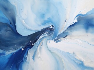 A painting of a blue and white swirl with a splash of white