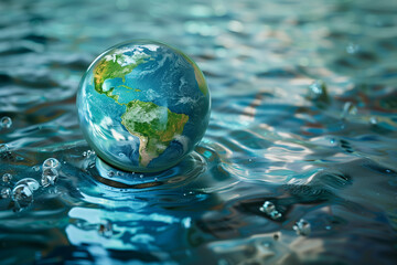 Earth globe floating on water wave. Environment eco friendly concept.