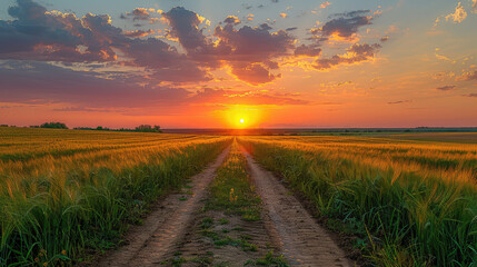 Sunset over the field, with dirt roads and green grass. The road runs straight across the horizon to where there is an orange sun setting in the distance. Created with AI - obrazy, fototapety, plakaty