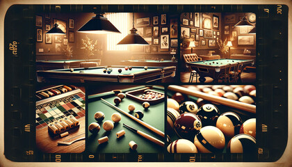 For billiards lovers, wallpaper, background, billiards equipment collage, poster for father's day, concept art style. - obrazy, fototapety, plakaty