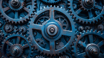 Close up detail of rusted gears in a mechanical device - obrazy, fototapety, plakaty