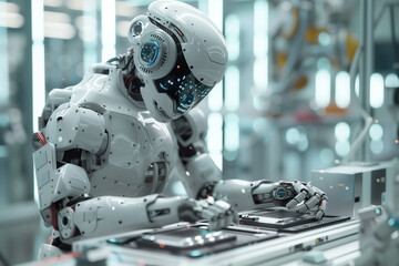 Humanoid scientist robot working in the science technology laboratory.