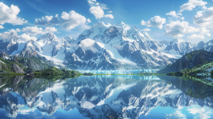 Fototapeta na wymiar This striking image highlights the majestic beauty of snowy peaks reflected in the still waters of a serene lake, exuding tranquility