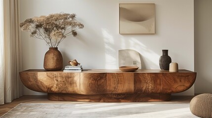Modern Wooden Sideboard with Decorative Vases and Wall Art
