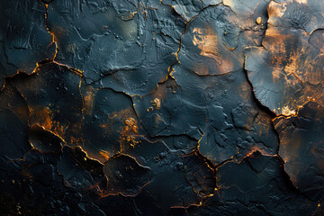 A dark, textured background with a pattern of cracked black rock and glowing gold veins. Created with Ai - obrazy, fototapety, plakaty