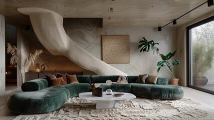 Modern Living Room with Green Velvet Sofa and Organic Shapes