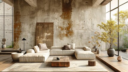 Modern Living Room with Concrete Walls and Designer Furniture