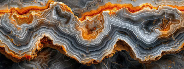 Closeup of an intricate agate surface, showcasing the rich colors and patterns in shades of grey with orange veins. Created with Ai - obrazy, fototapety, plakaty