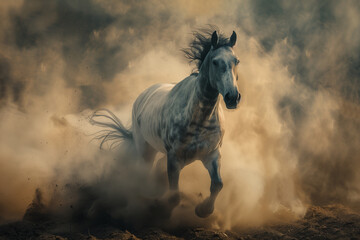 Obraz na płótnie Canvas Beautiful white horse running in motion with long hair on the dust.