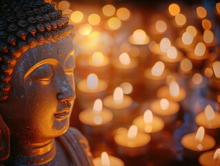 A statue of a Buddha with candles in the background