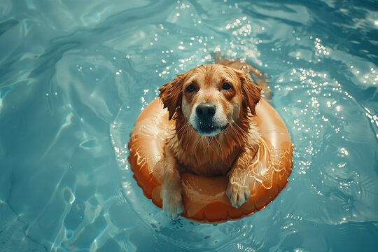 Adorable Golden retriever dog using rubber ring in swimming pool.