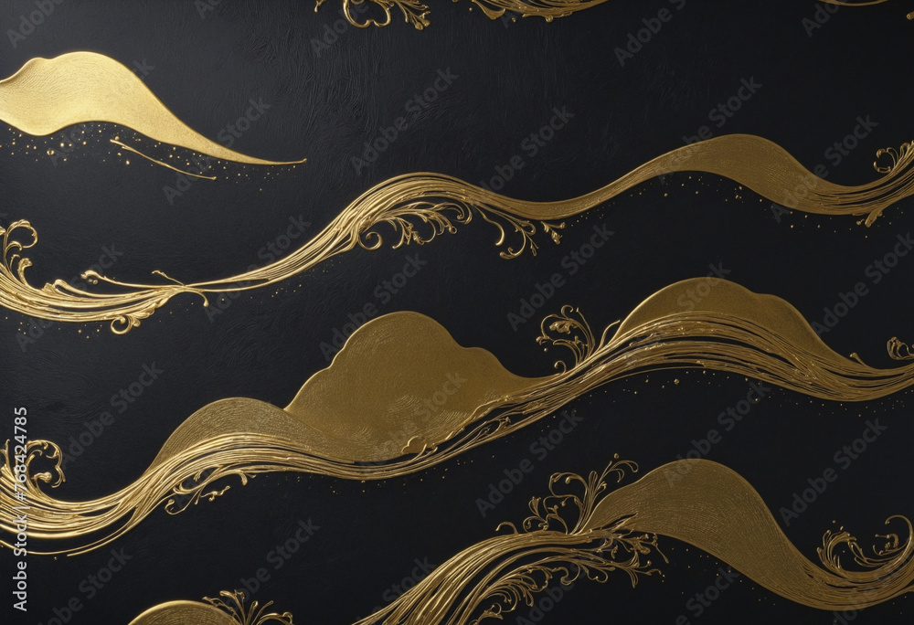 Wall mural japanese black background with gold dust and waves for a luxurious feel colorful background