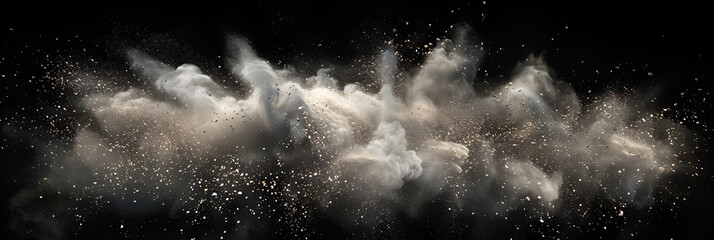 Wide web banner design of abstract powder dust explosion over black background. generative ai 