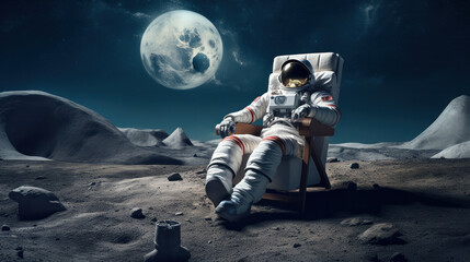 Back view of lunar astronaut having a beer while resting in beach chair on Moon surface, saluting to Earth