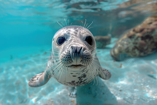 Wild seal portrait swimming in a deep sea with blue clear water. Created with Ai