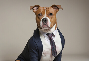 animal pet dog concept Anthromophic friendly American pit bull terrier dog wearing suite formal business suit pretending to work in coporate workplace studio shot on plain color wall colorful backgrou - obrazy, fototapety, plakaty