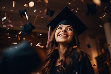 Obraz premium A woman in a graduation cap and gown is smiling and surrounded by confetti