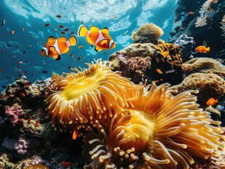 Fototapeta na wymiar A coral reef with a yellow anemone and a few fish