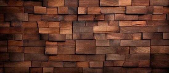 A close up of a brown wooden wall constructed using rectangular building material. The hardwood panels are stained with tints and shades, resembling brickwork