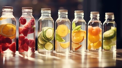 A row of glass bottles filled with fruit and water